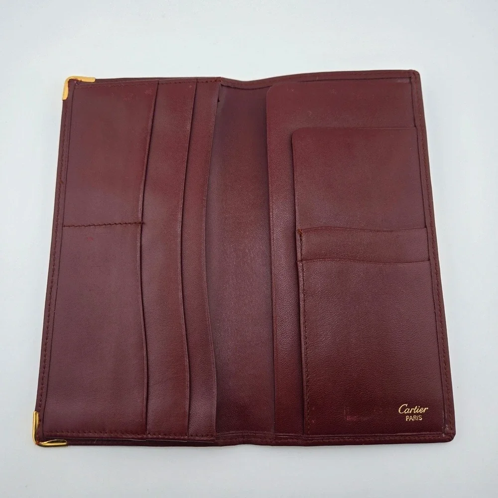 Cartier Must de Cartier Burgundy Leather Long Bifold Wallet Gold Corners Box